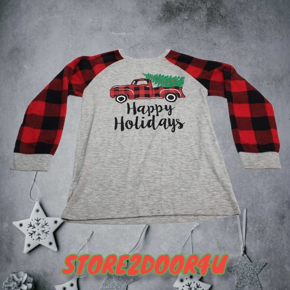 JUNIORS CHRISTMAS PAJAMAS - LARGE(12/14) RED TRUCK & TREE HOLIDAY PAJAMA SET 2PC - Picture 2 of 12